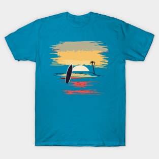 t-shirt design featuring a sunset over the ocean with a surfboard silhouette in the foreground, detailed illustration, and watercolor style. T-Shirt